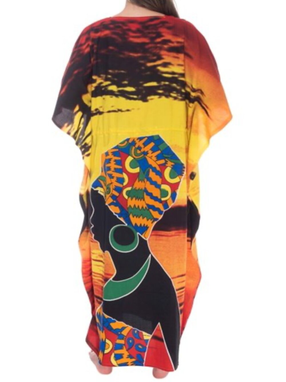 Riviera Sun African Gele Goddess Sunset Graphic Long Maxi Cover Up Kaftan SZ XL - Picture 5 of 8